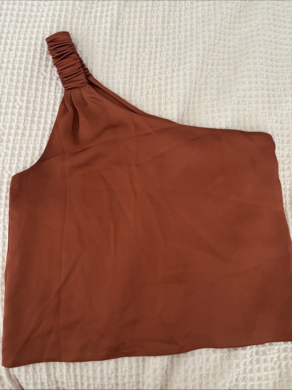 Ruched One-Shoulder Blouse in Rust Orange/Brown